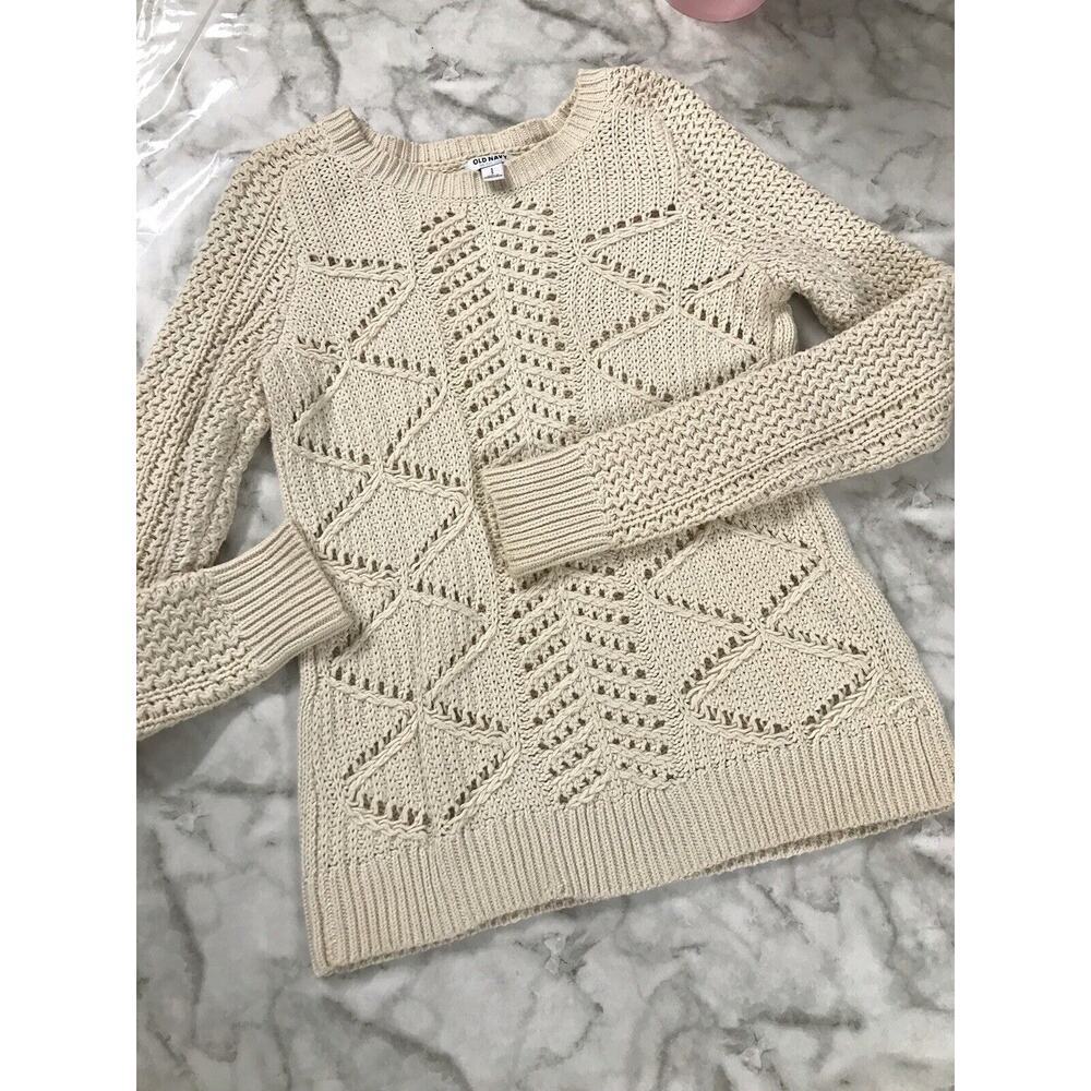 Vintage Old Navy Womens Cable Knit Cardigan Sweater Small Chunky Fisherman Beige